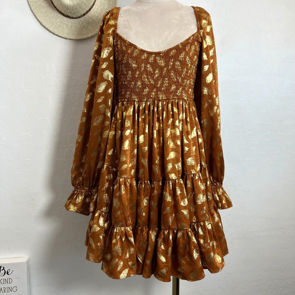 aeom morrocan gold copper midi dress S tiered ruffle shabby boho chic baby doll